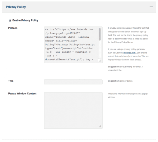 Embed the iubenda code into the Privacy Poicy field Embed the iubenda code into the Privacy Poicy field